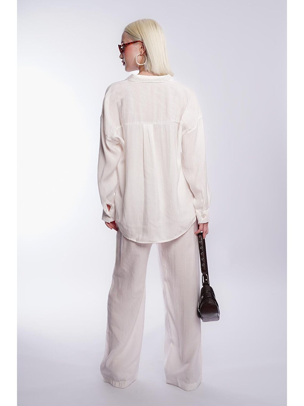 Beyaz Basic Kadın Gömlek Pantolon İkili Takım Mg2352-5