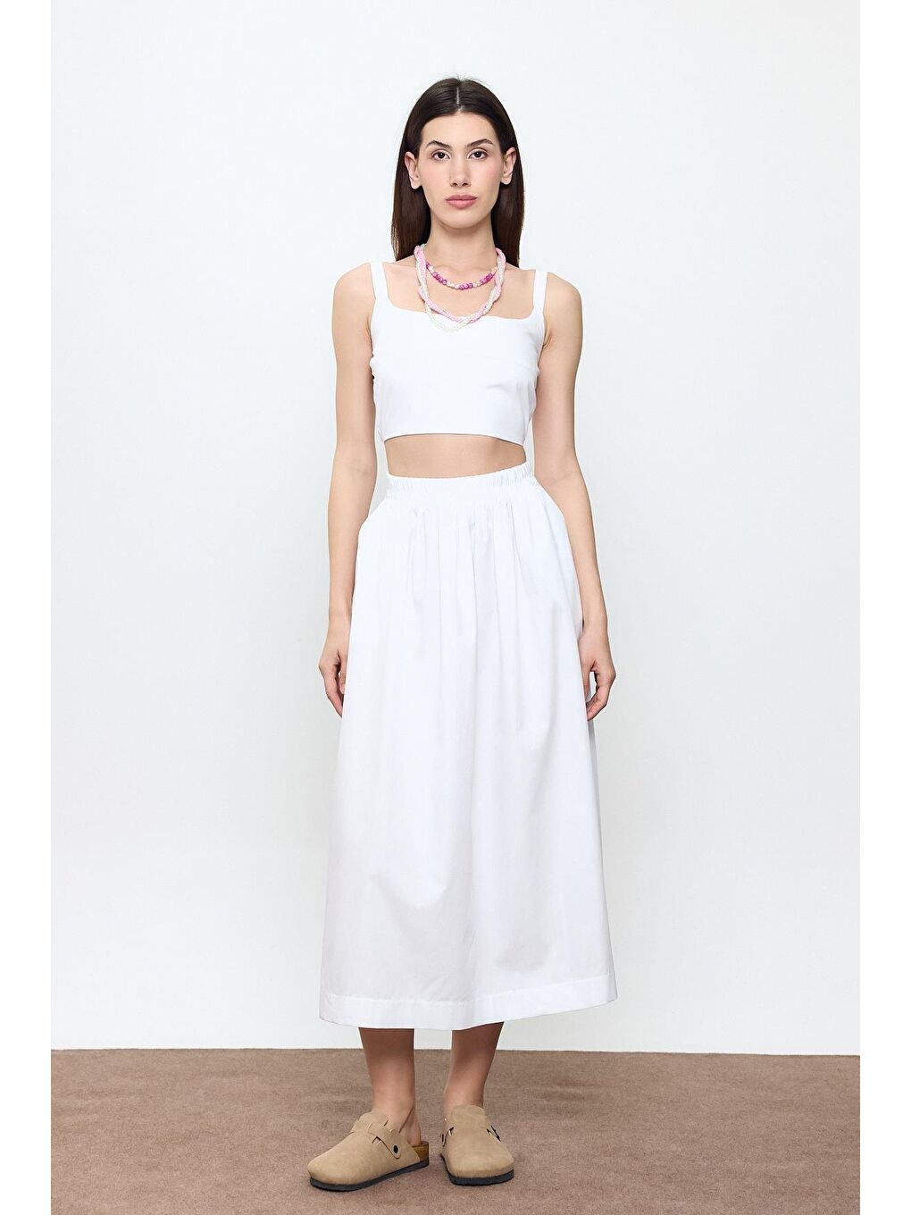 Beyaz %100 Pamuk Volanlı Midi Etek