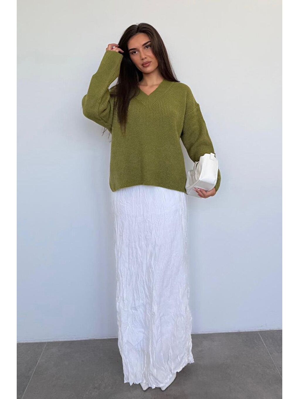 Yağ Yeşili V Yaka Triko Kadın Kazak Mg2501-6