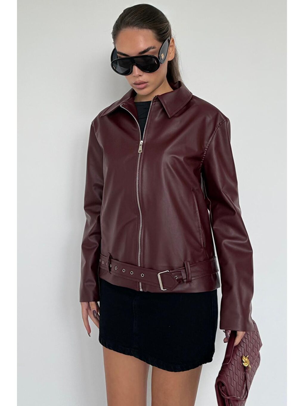 Bordo Kemerli Suni Deri Kadın Ceket Mg2548-10