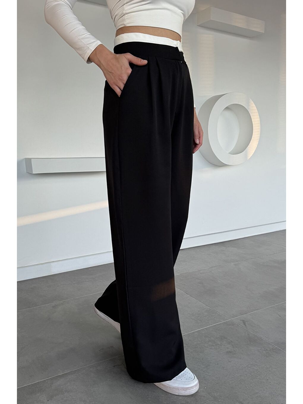 Siyah Kadın Yüksek Bel Pileli Palazzo Pantolon-1