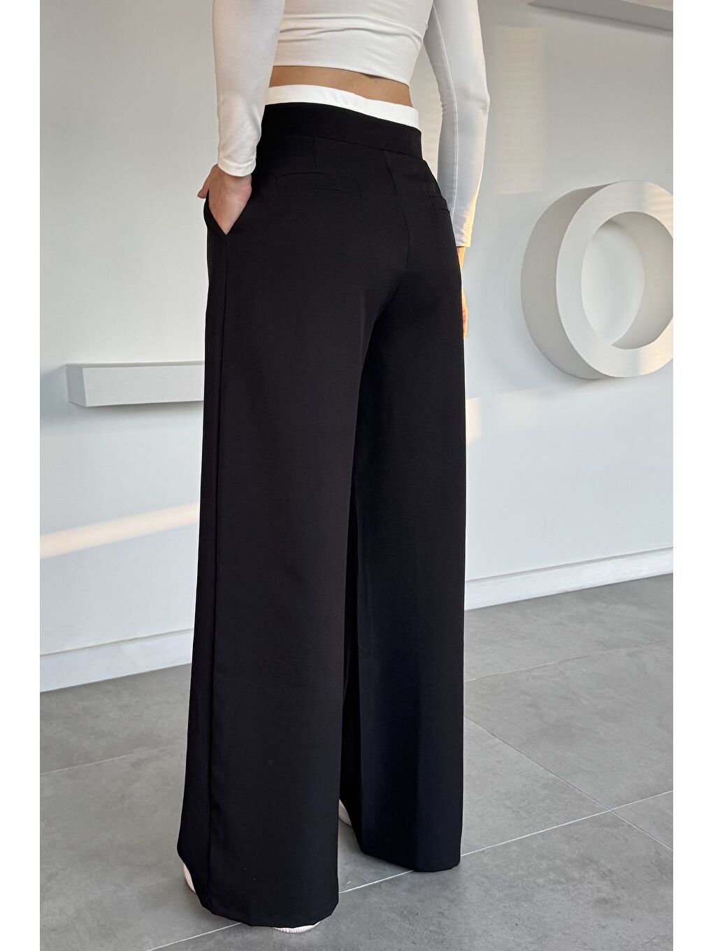 Siyah Kadın Yüksek Bel Pileli Palazzo Pantolon-2