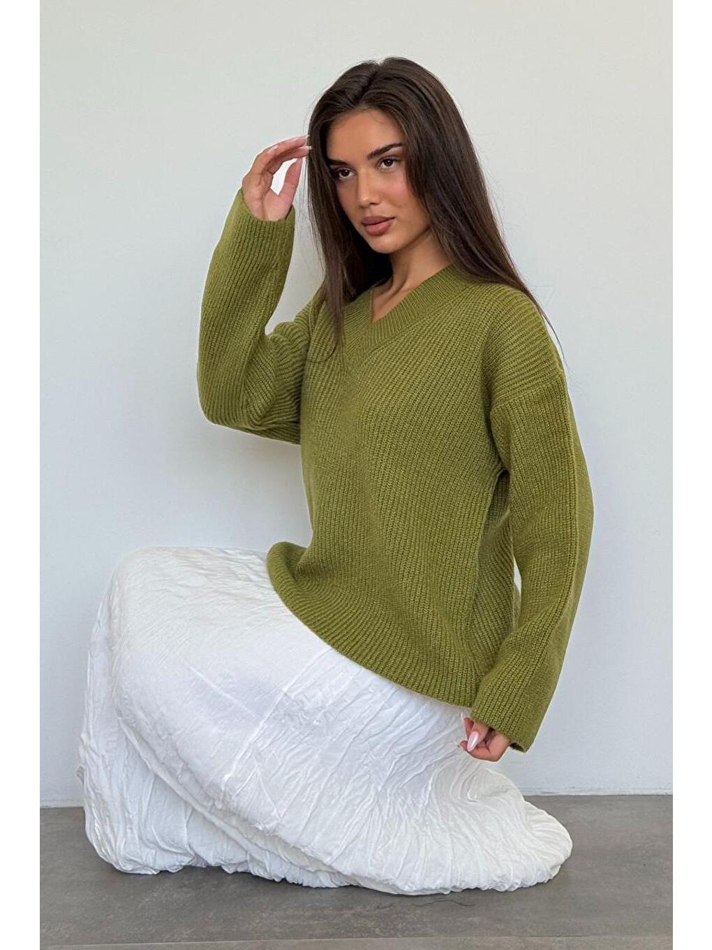 Yağ Yeşili V Yaka Triko Kadın Kazak Mg2501-7