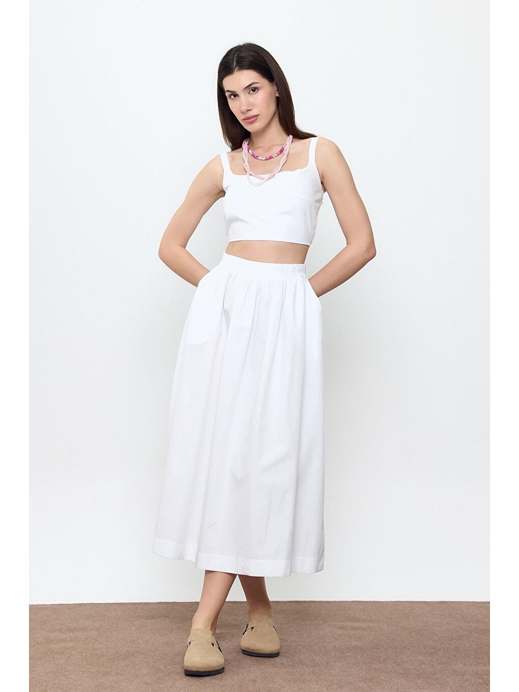 Beyaz %100 Pamuk Volanlı Midi Etek-1