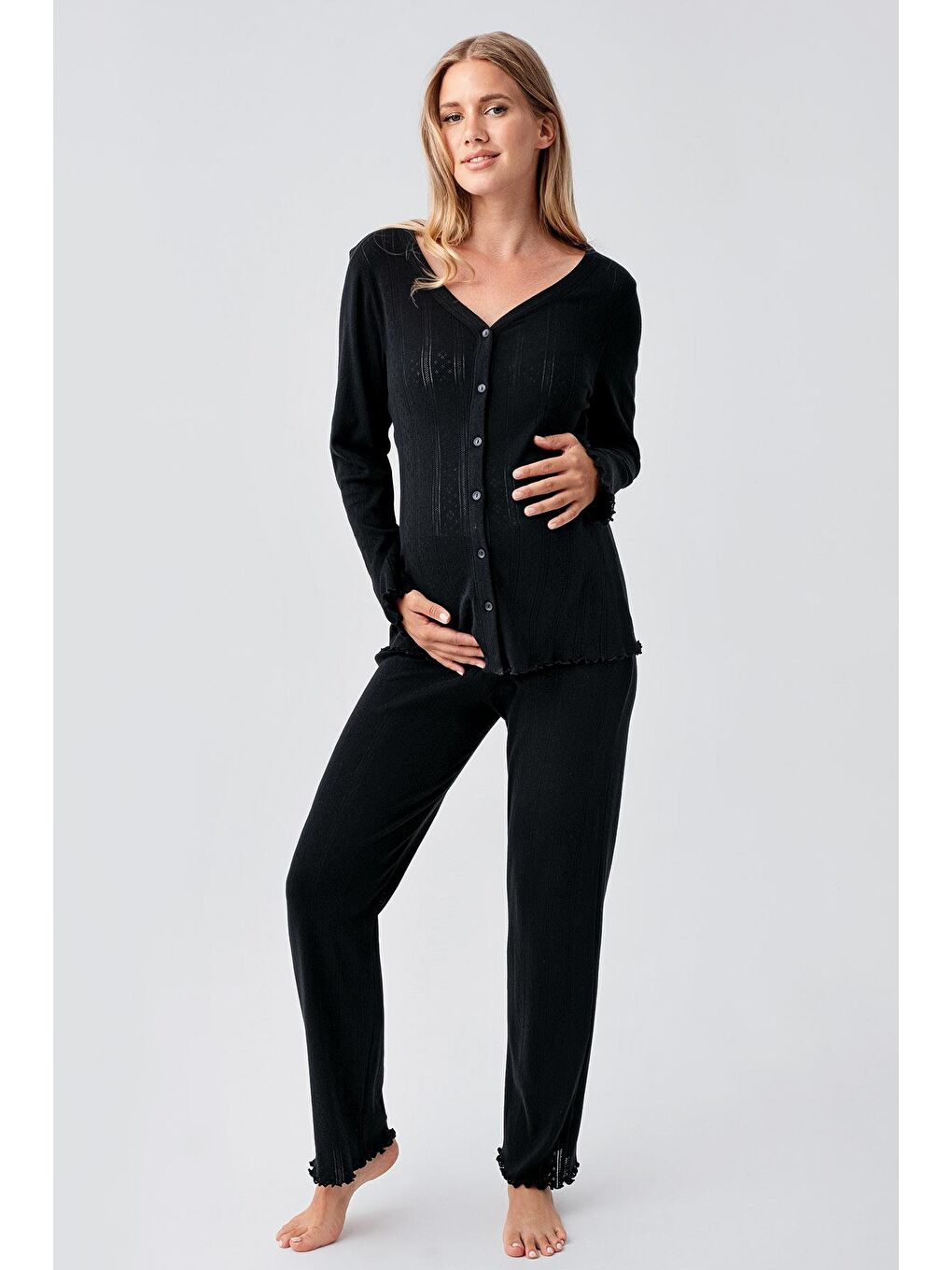 Siyah Uzun Kollu Ajurlu Düğmeli Esnek Pamuklu Hamile Pijama Takım 18214