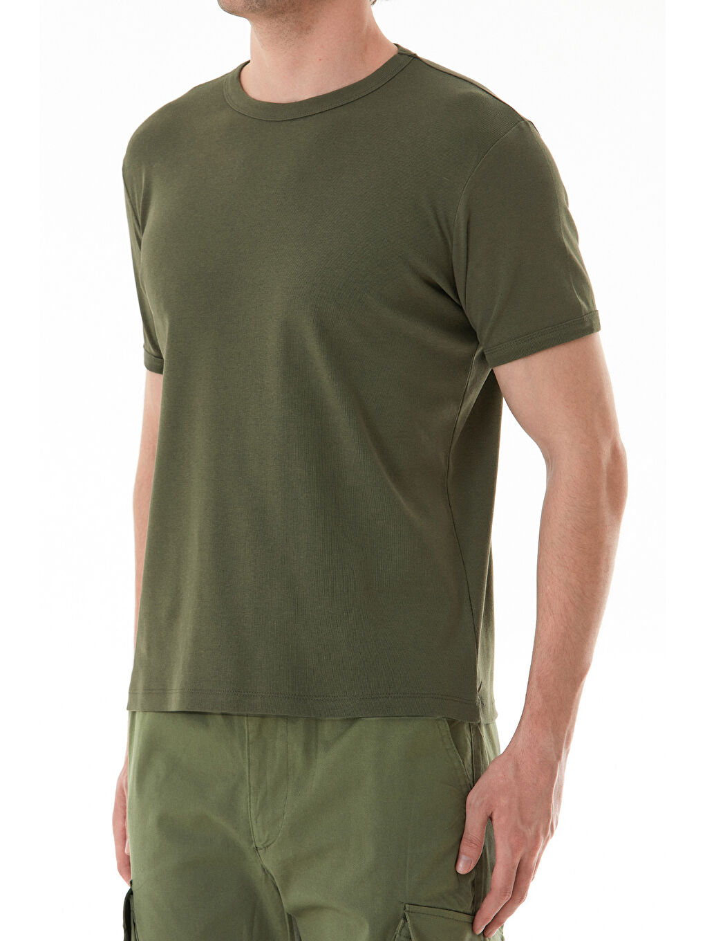 Haki Basic Bisiklet Yaka Ribanalı Tişört-3