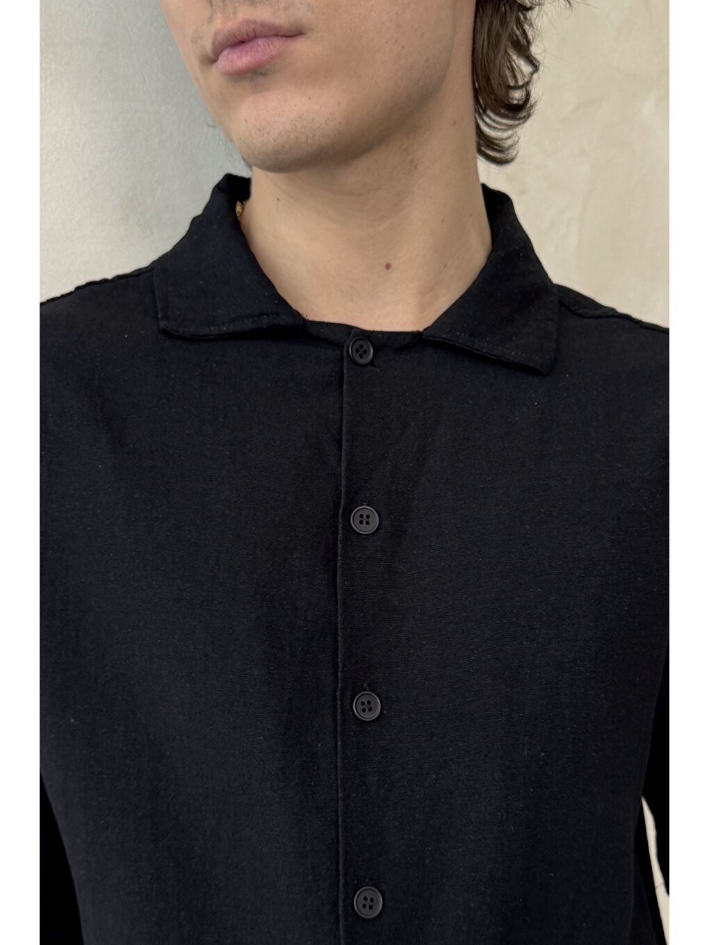 Siyah Erkek Oversize Apaş Yaka Kısa Kollu Keten Gömlek-3