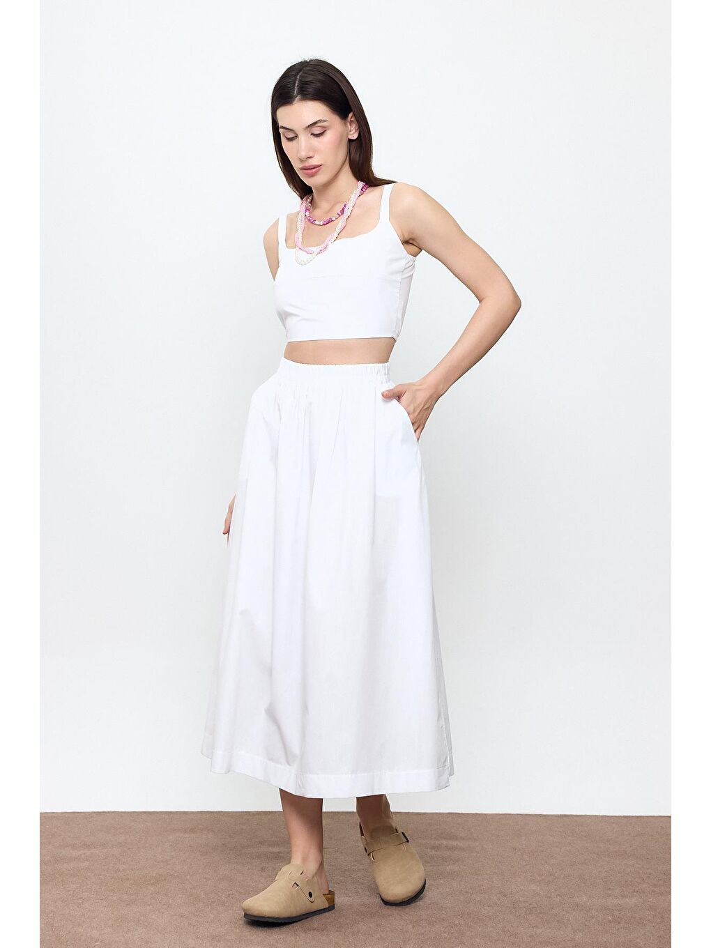 Beyaz %100 Pamuk Volanlı Midi Etek-2