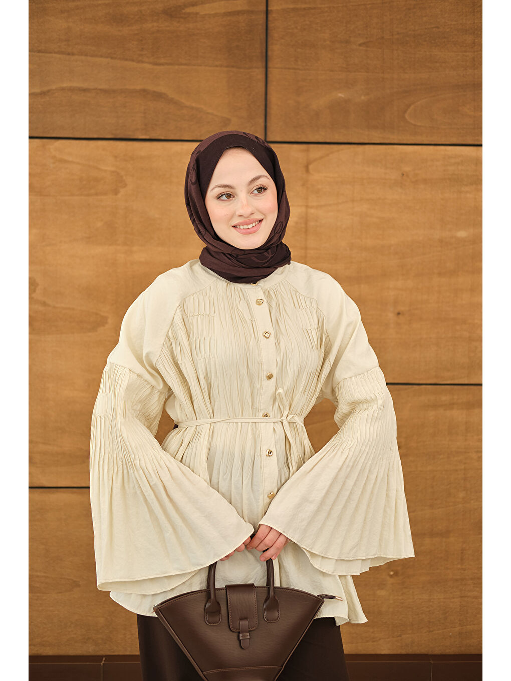 Ekru Kadın Martha Düğmeli Belden Bağlamalı Gömlek Krem-4