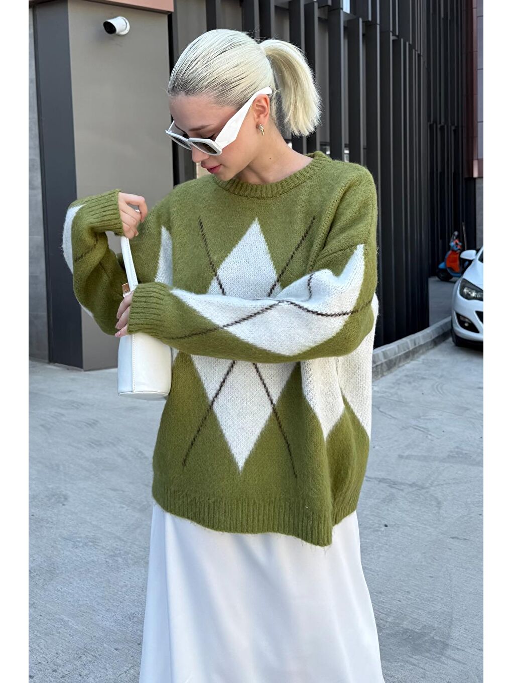 Yağ Yeşili Bisiklet Yaka Baklava Desen Kadın Kazak Mg2471-1