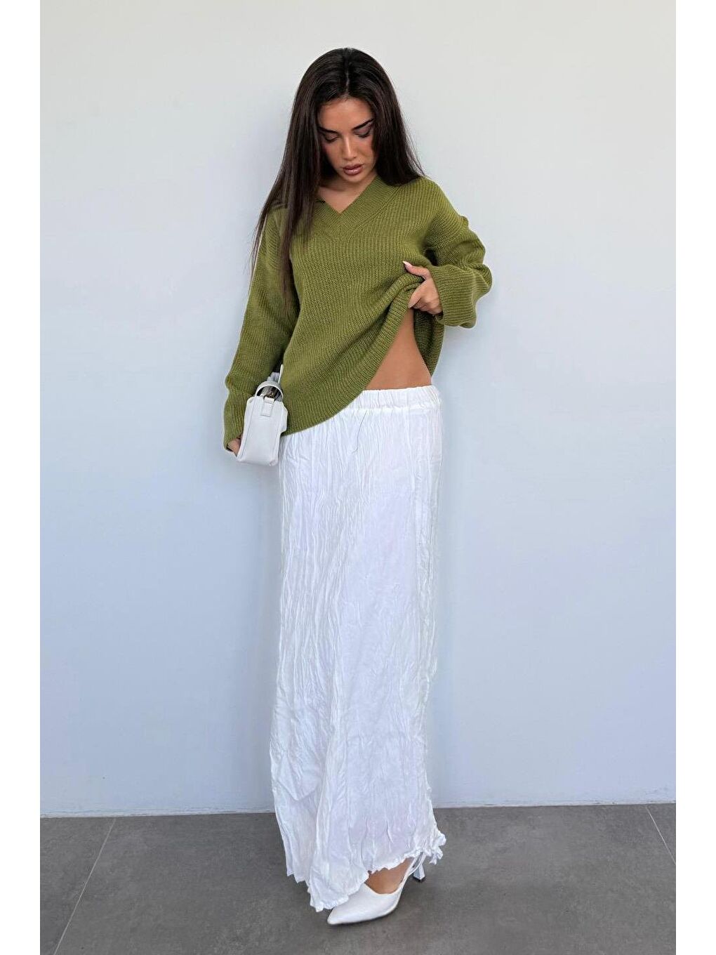 Yağ Yeşili V Yaka Triko Kadın Kazak Mg2501-8