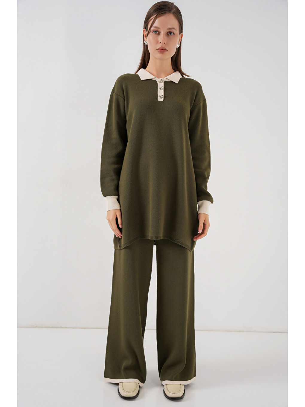 Kadın Kazak Pantolon Triko İkili Takım 15946 - Haki-2