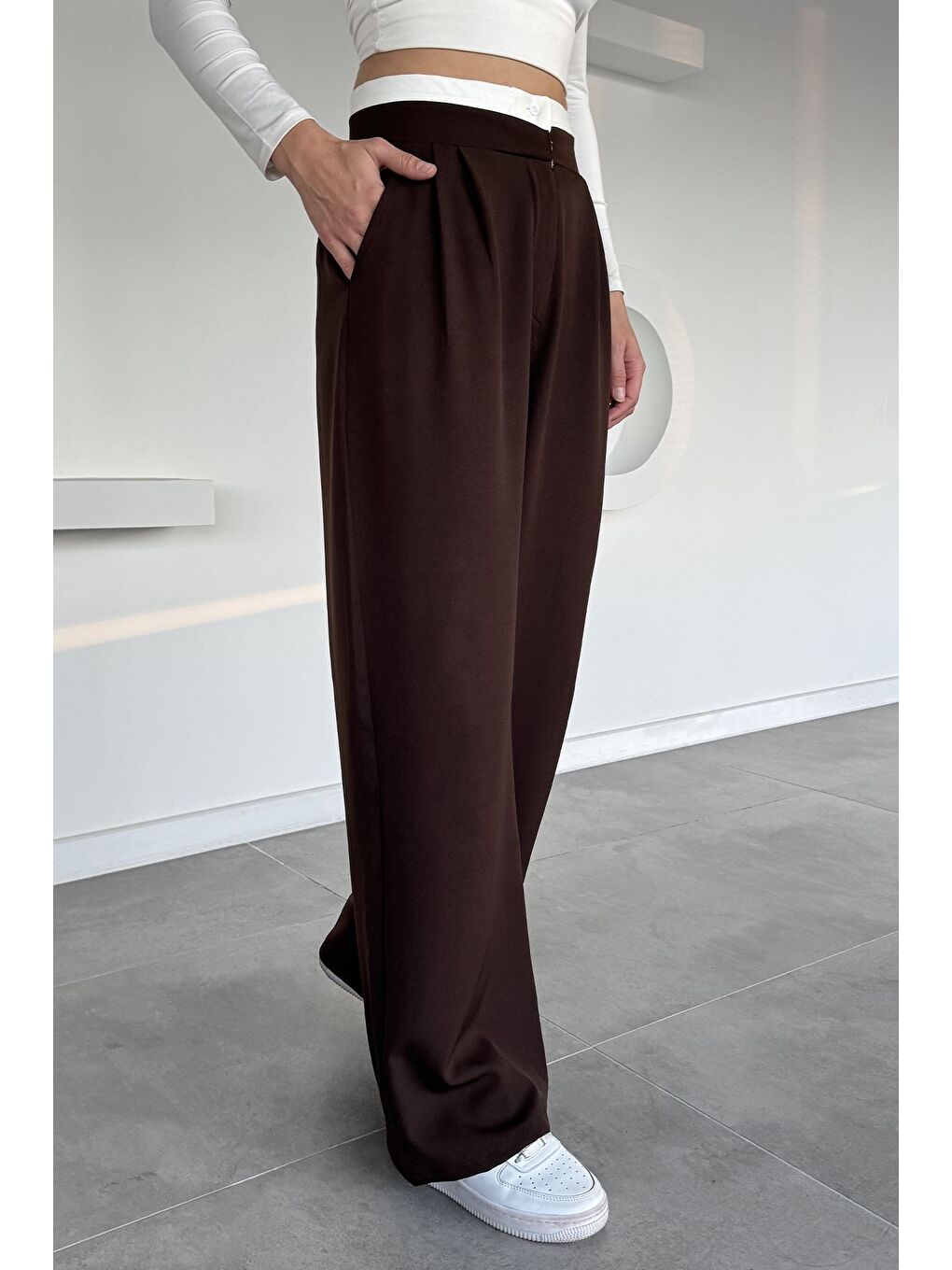 Kahverengi Kadın Yüksek Bel Pileli Palazzo Pantolon-1