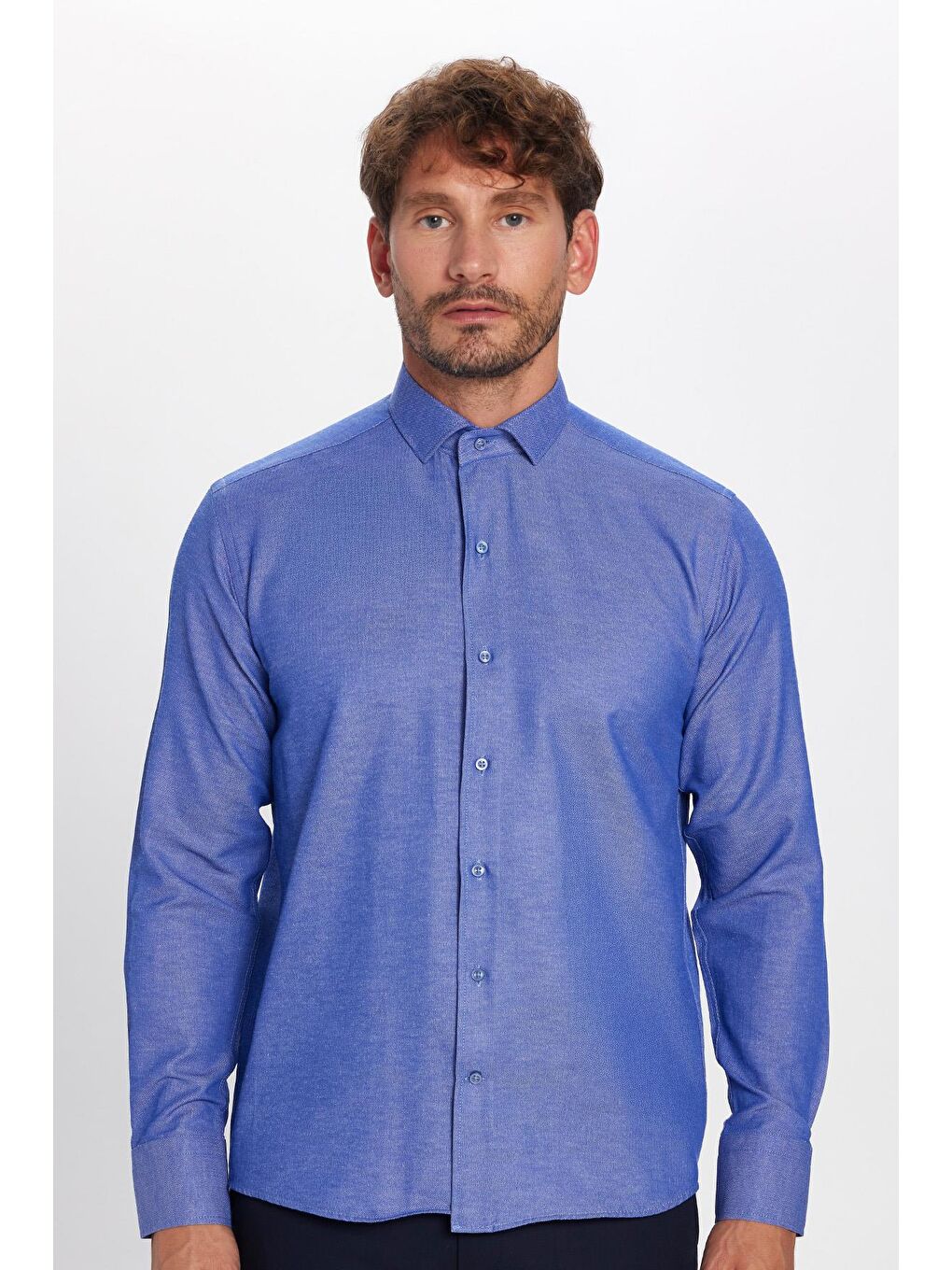 Erkek Regular Fit Klasik Kesim Pamuklu Kolay Ütü Armürlü Saks Mavi Gömlek-3