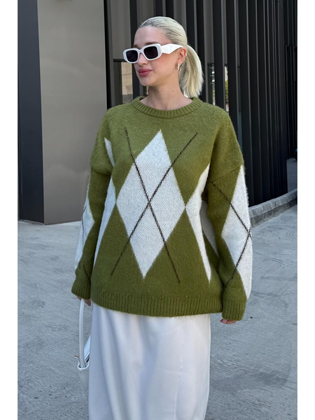 Yağ Yeşili Bisiklet Yaka Baklava Desen Kadın Kazak Mg2471-2