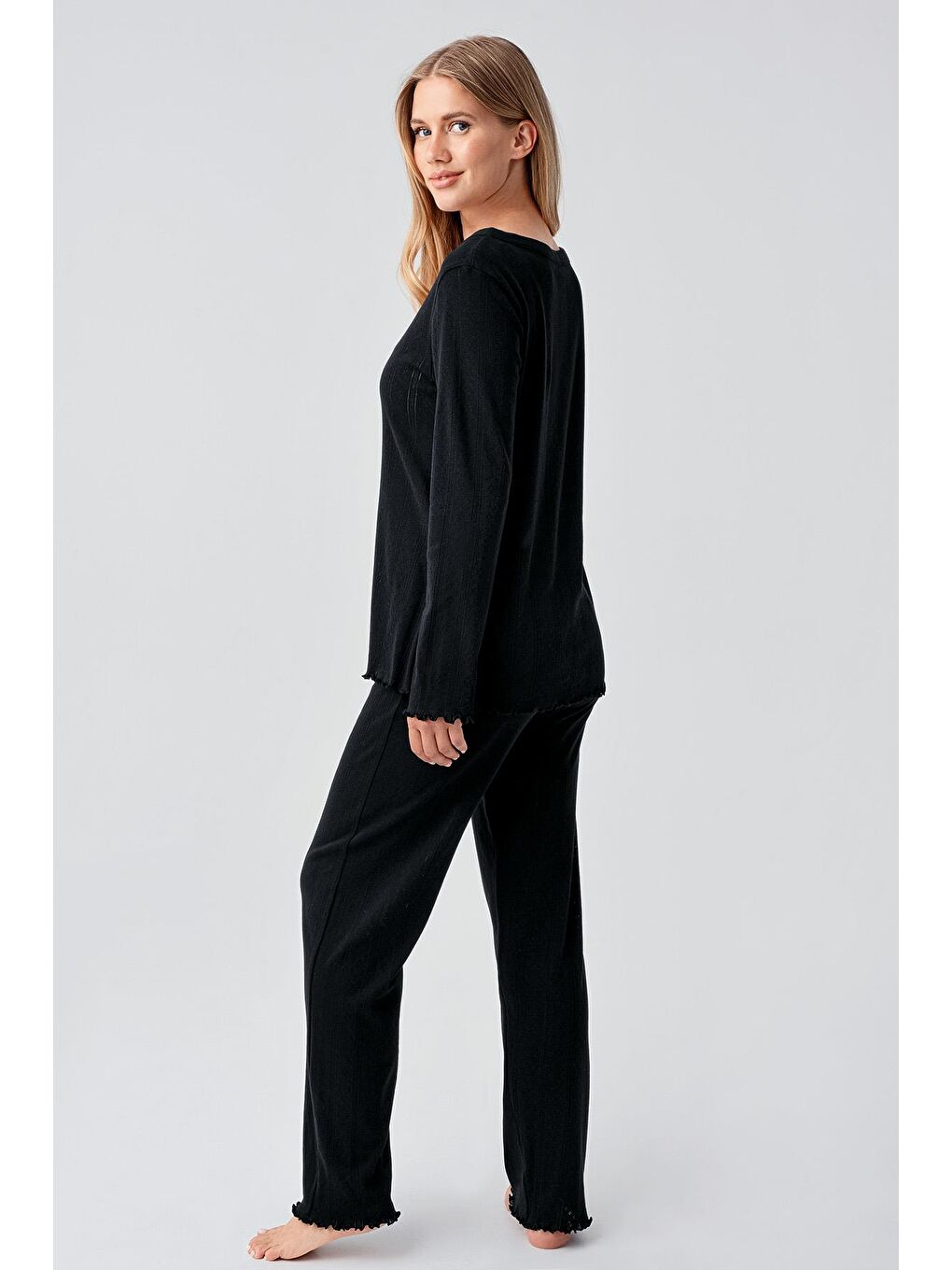 Siyah Uzun Kollu Ajurlu Düğmeli Esnek Pamuklu Hamile Pijama Takım 18214-2