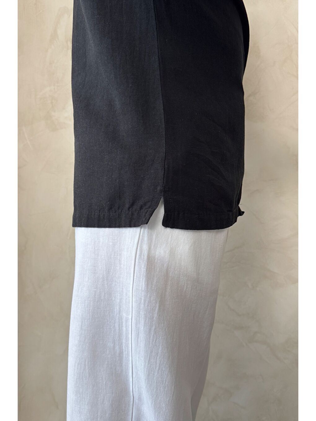 Siyah Erkek Oversize Apaş Yaka Kısa Kollu Keten Gömlek-5