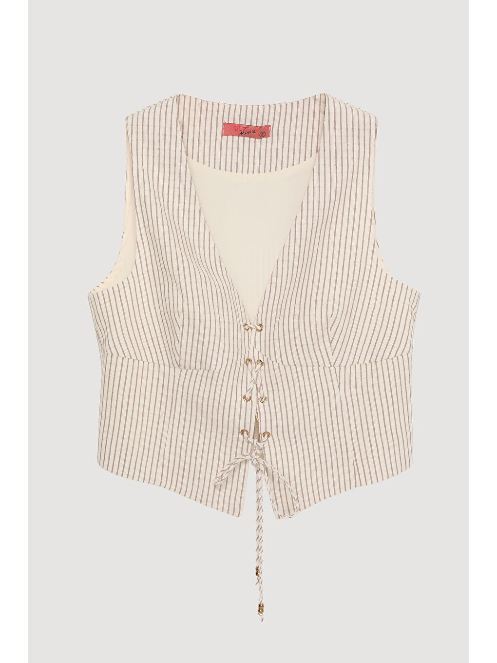Bej İp Bağlamalı Çizgili Kolsuz Yelek Naturel