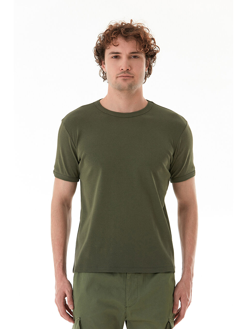 Haki Basic Bisiklet Yaka Ribanalı Tişört-4