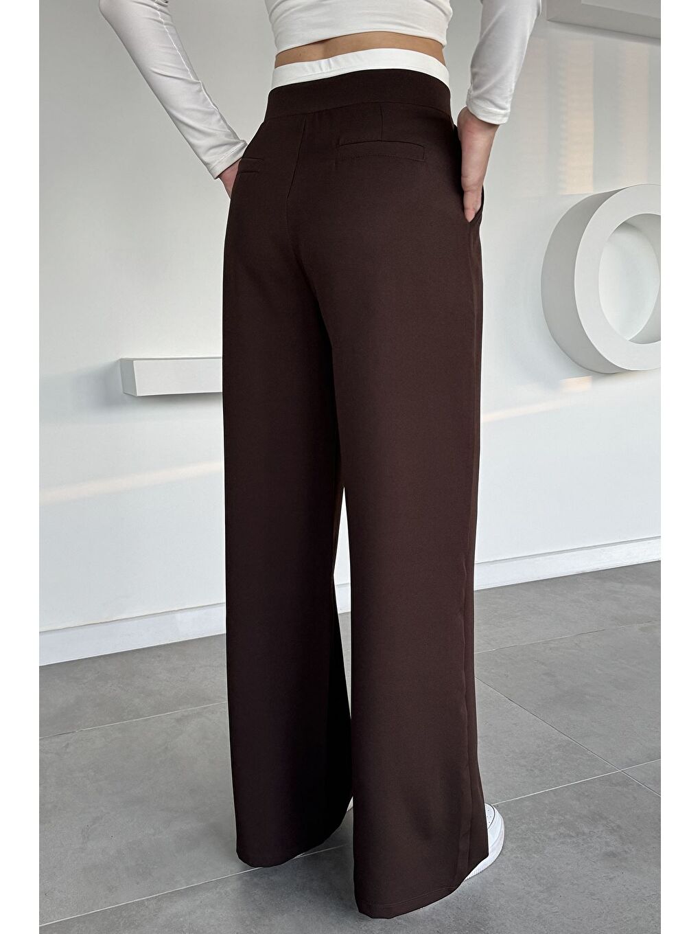 Kahverengi Kadın Yüksek Bel Pileli Palazzo Pantolon-2