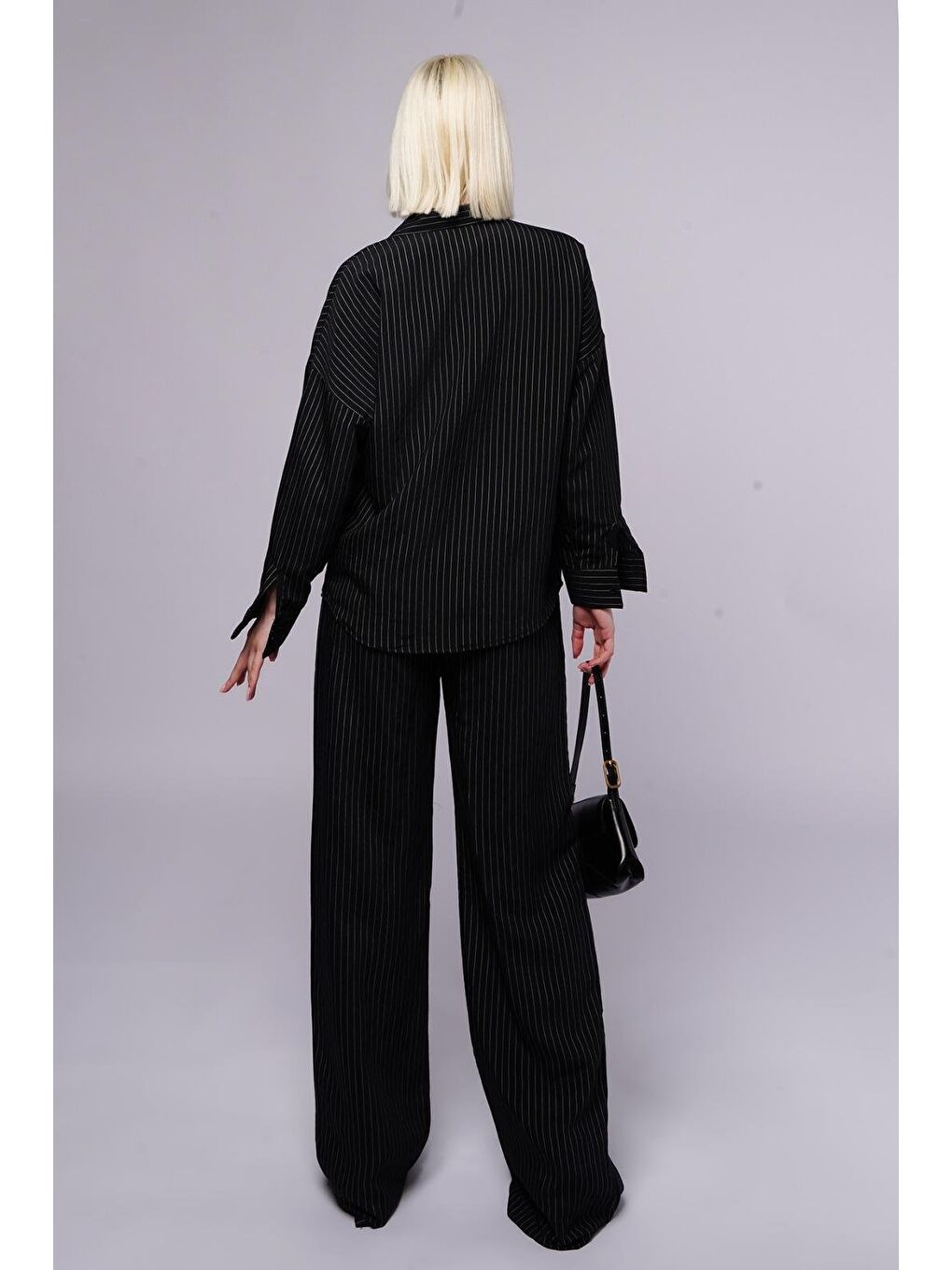 Siyah Uzun Kollu Çizgili Gömlek Pantolon İkili Takım Mg2329-2