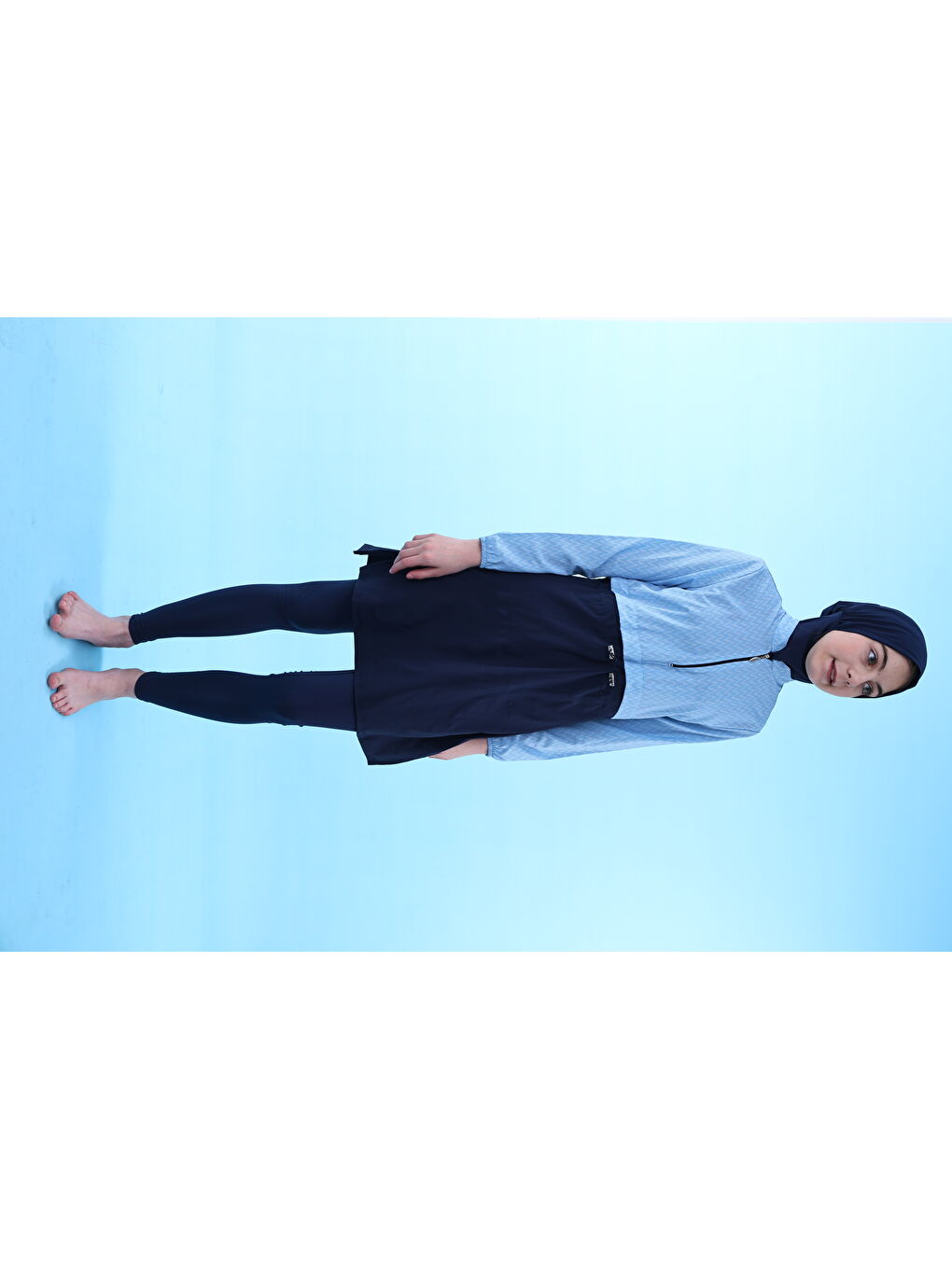 Mavi Çocuk Lastikli Kapalı Dik Yaka Fermuarlı Hızlı Kuruyan Genç Tesettür Mayo-4