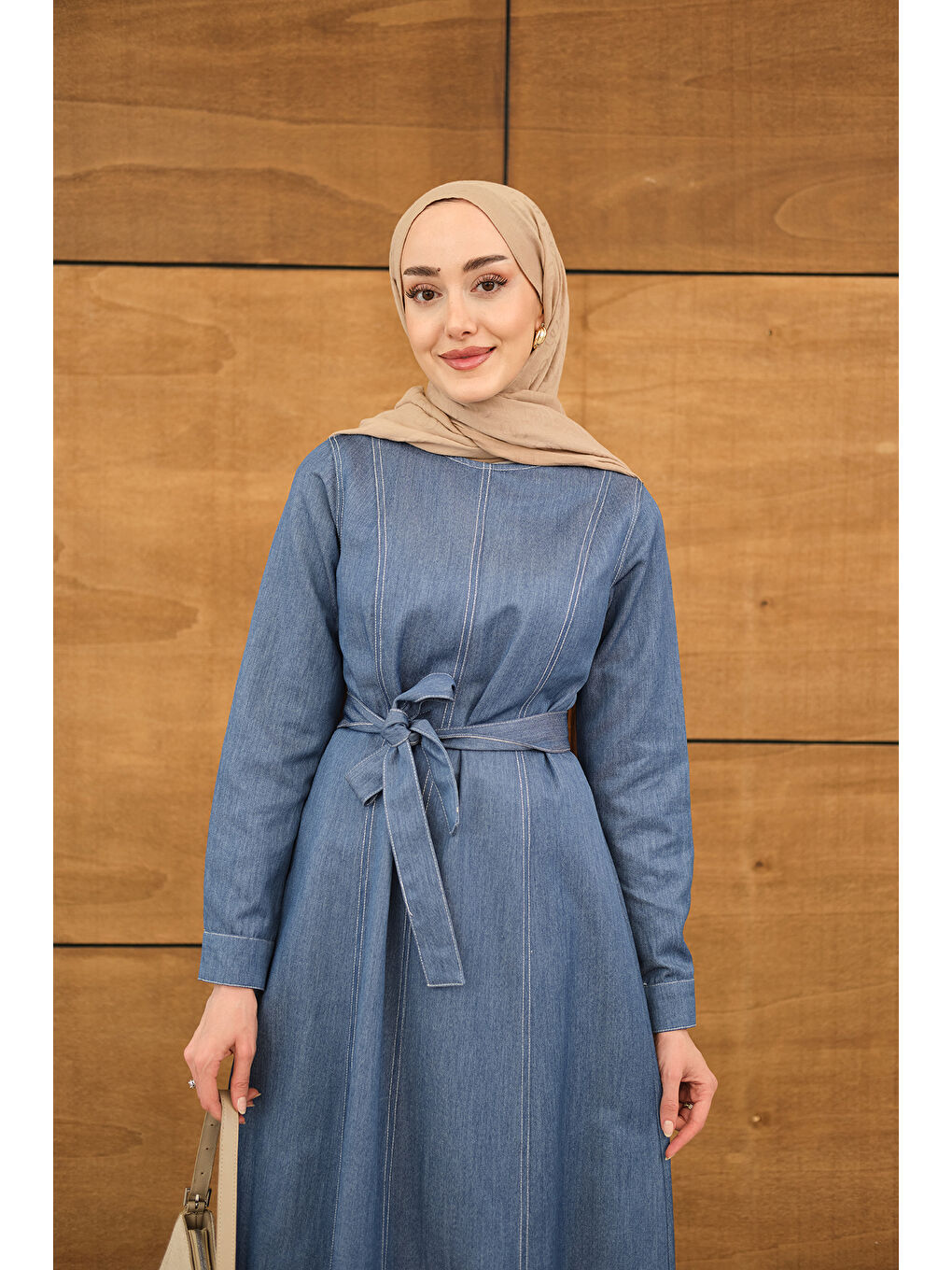 Kadın Dikiş Detay Bel Bağlamalı İnce Jean Elbise Buz Mavi-1