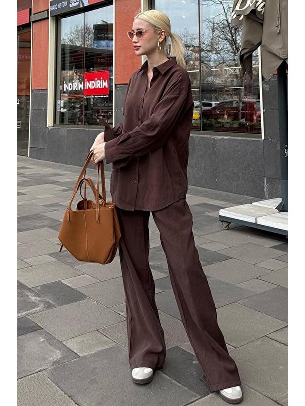 Acı Kahverengi Basic Kadın Gömlek Pantolon İkili Takım Mg2352