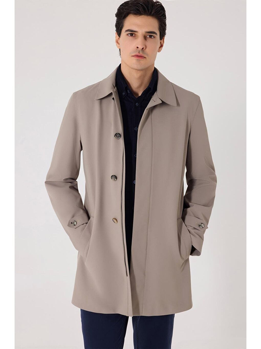Bej Vizon Slim Fit Dik Yaka Fermuarlı Erkek Trençkot