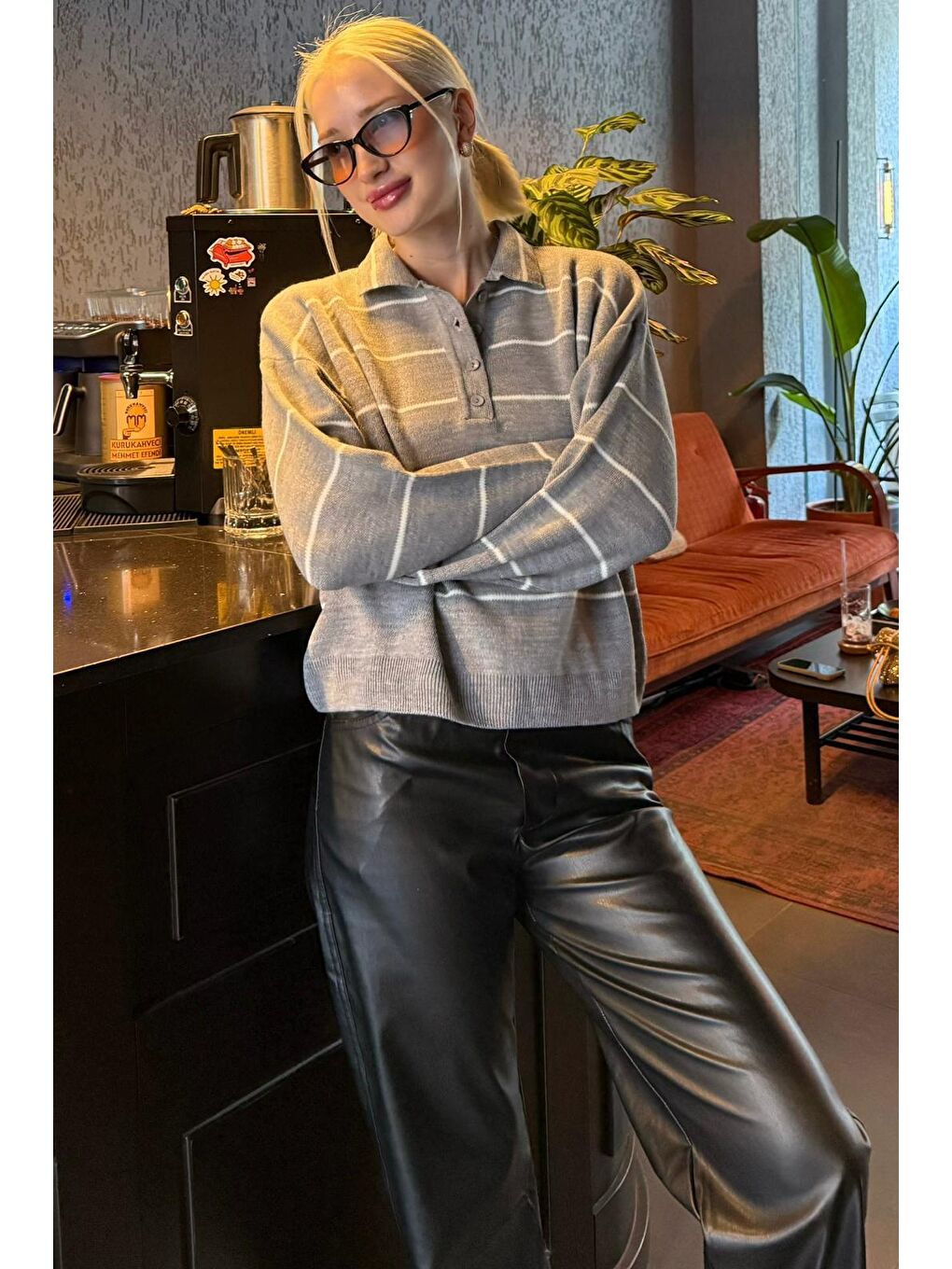 Gri Çizgili Polo Yaka Kadın Triko Kazak Mg2470-5