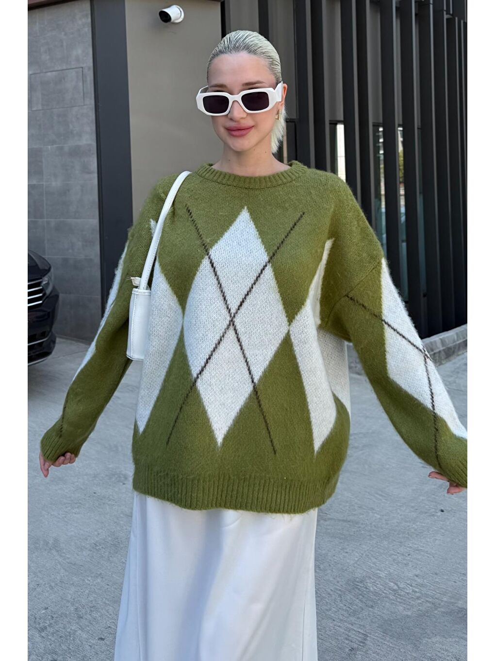 Yağ Yeşili Bisiklet Yaka Baklava Desen Kadın Kazak Mg2471-3