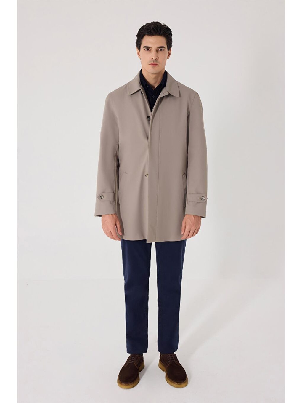 Bej Vizon Slim Fit Dik Yaka Fermuarlı Erkek Trençkot-1