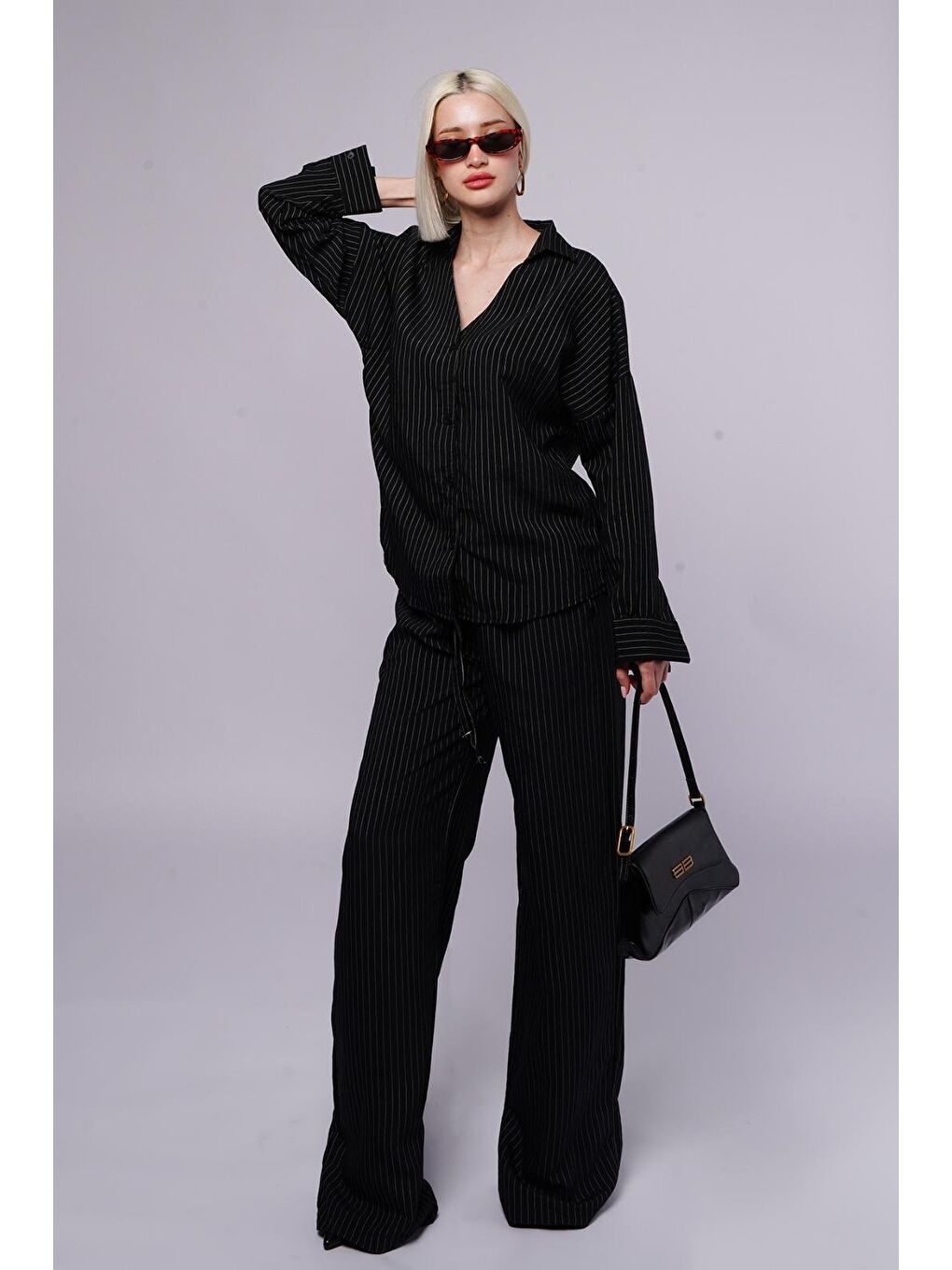 Siyah Uzun Kollu Çizgili Gömlek Pantolon İkili Takım Mg2329-3