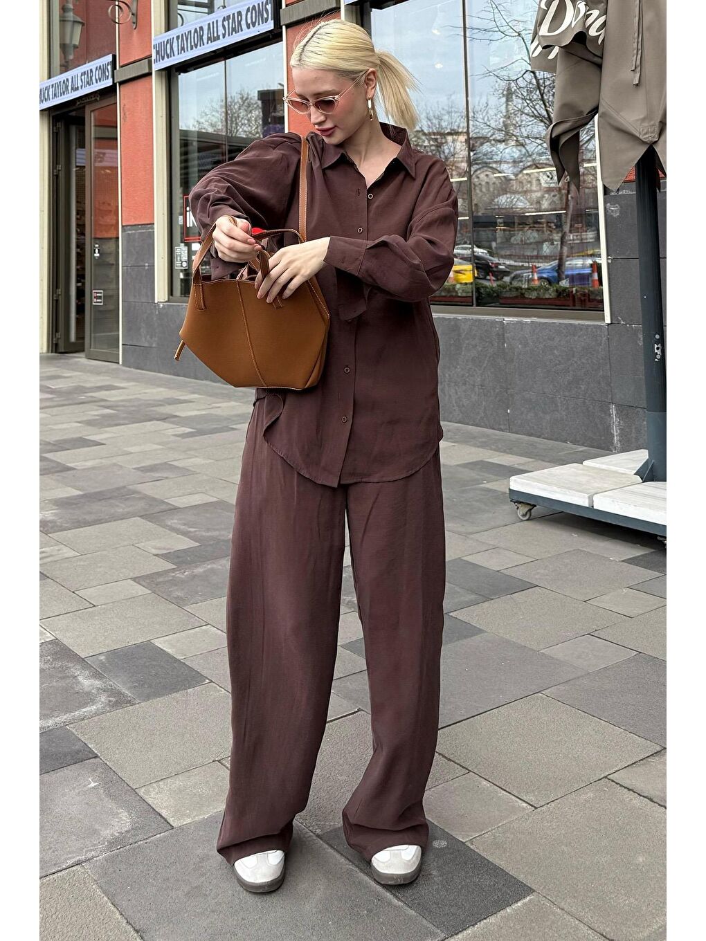 Acı Kahverengi Basic Kadın Gömlek Pantolon İkili Takım Mg2352-1