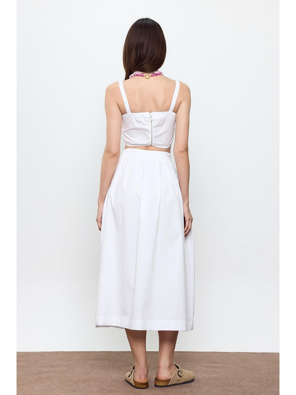 Beyaz %100 Pamuk Volanlı Midi Etek-4