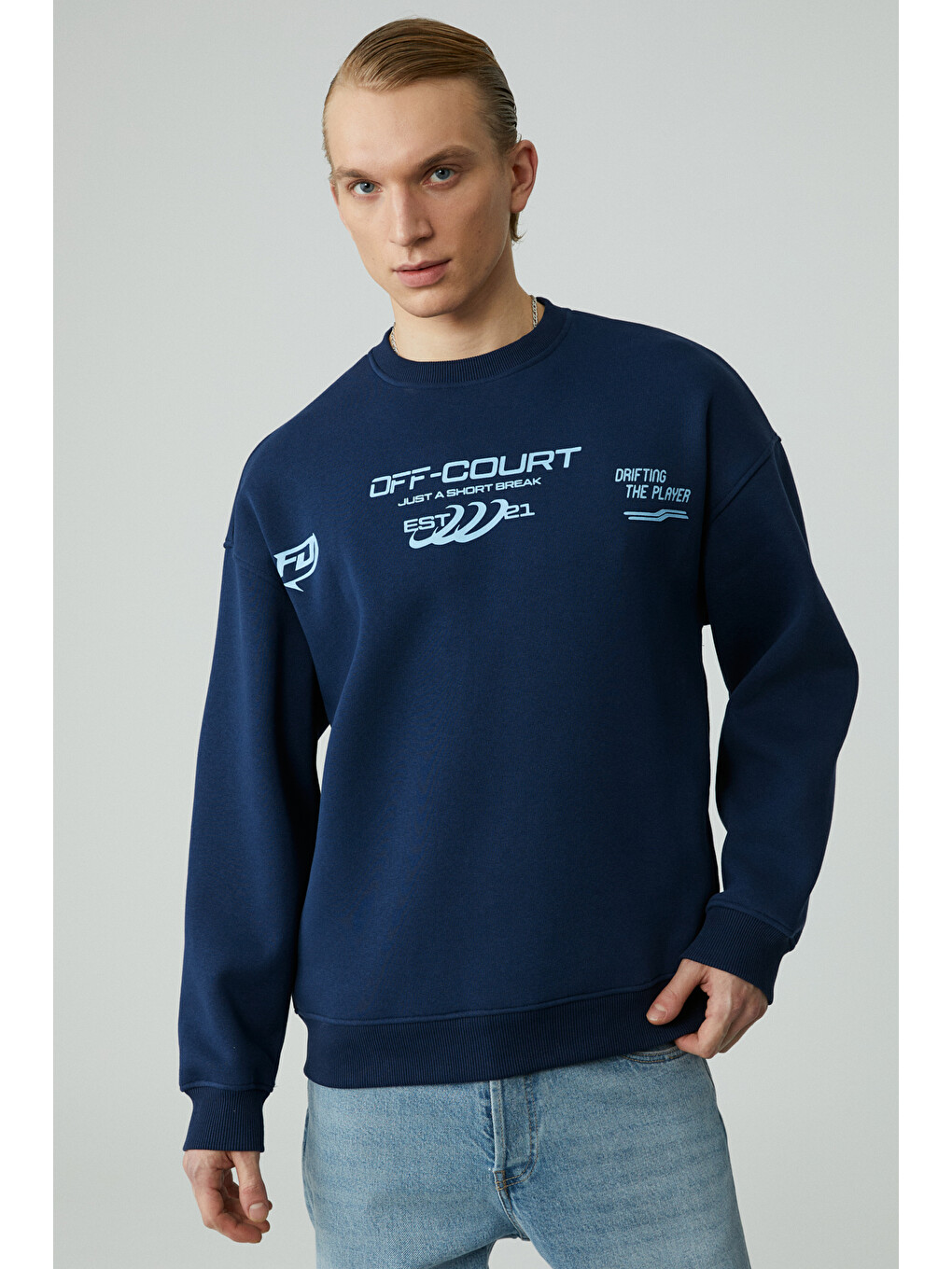 Cassy Erkek Organik Pamuklu Yumuşacık Baskı Detaylı Lacivert Sweatshirt-2