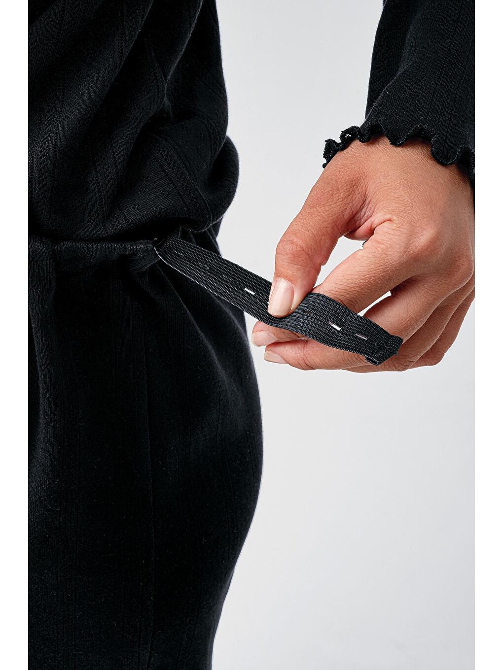 Siyah Uzun Kollu Ajurlu Düğmeli Esnek Pamuklu Hamile Pijama Takım 18214-3