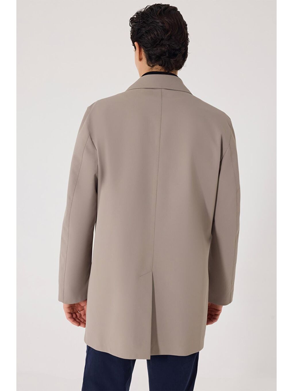 Bej Vizon Slim Fit Dik Yaka Fermuarlı Erkek Trençkot-3