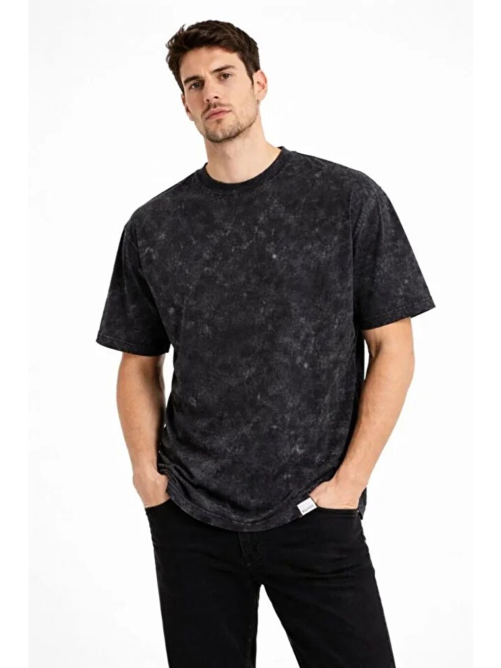 Erkek Asit Yıkama Bisiklet Yaka Kısa Kollu Oversize T-Shirt Tişört - Siyah-1