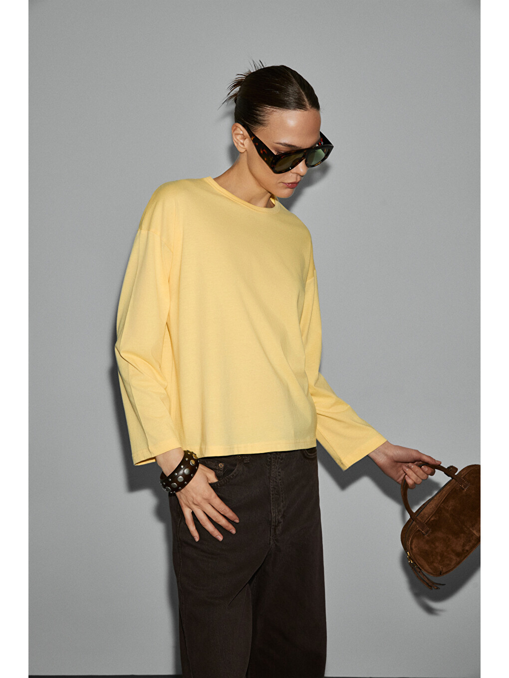 Basıl Kadını Oversize %100 Organik Pamuk Örme Uzun Kol Sarı T-shirt-4