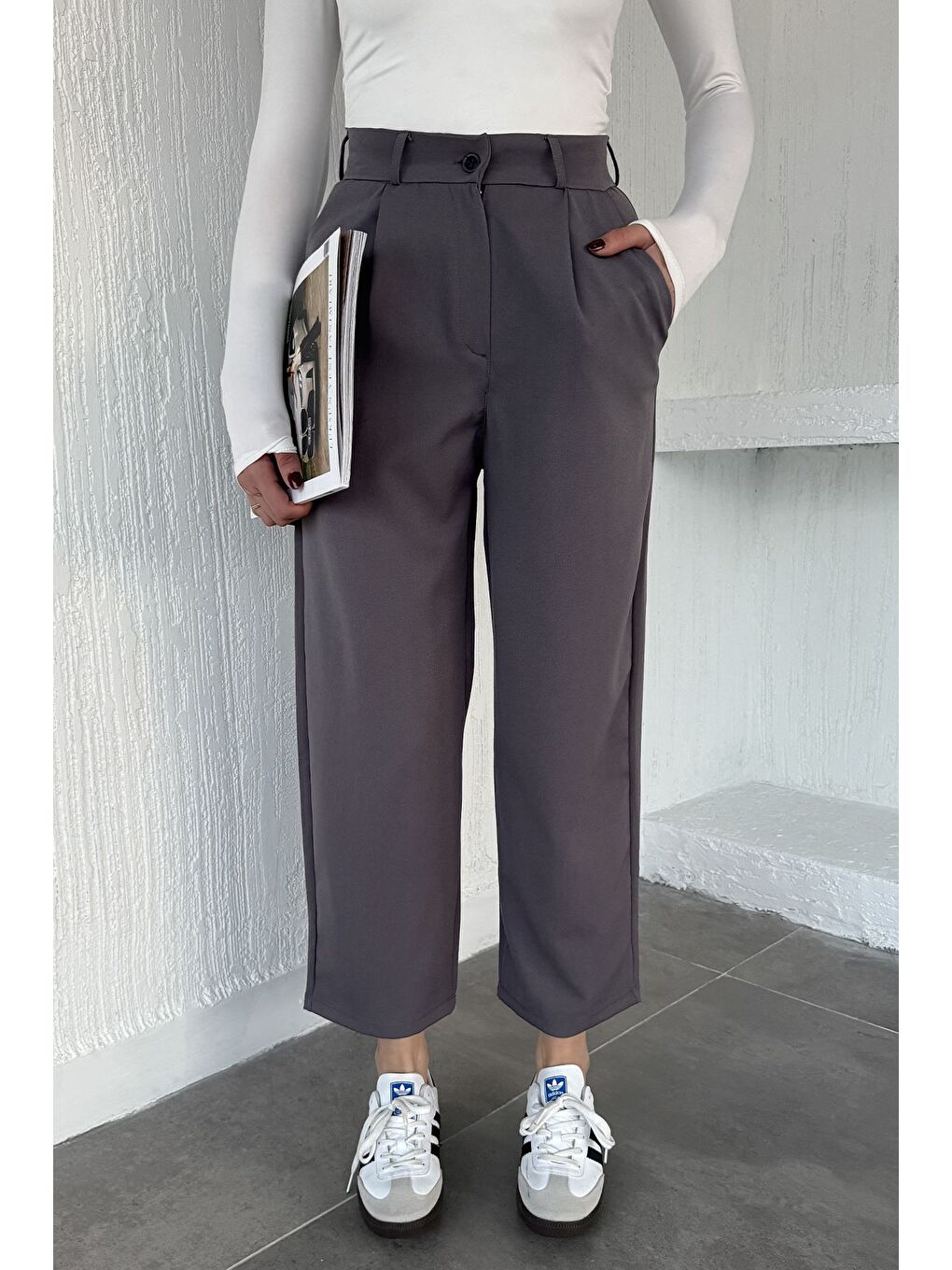 Gri Kadın Yüksek Bel Pileli Palazzo Pantolon