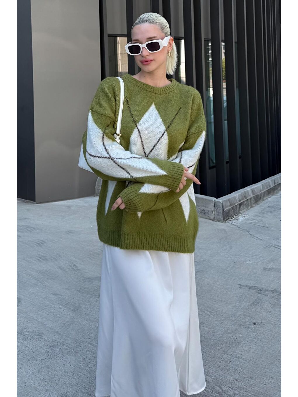 Yağ Yeşili Bisiklet Yaka Baklava Desen Kadın Kazak Mg2471-4