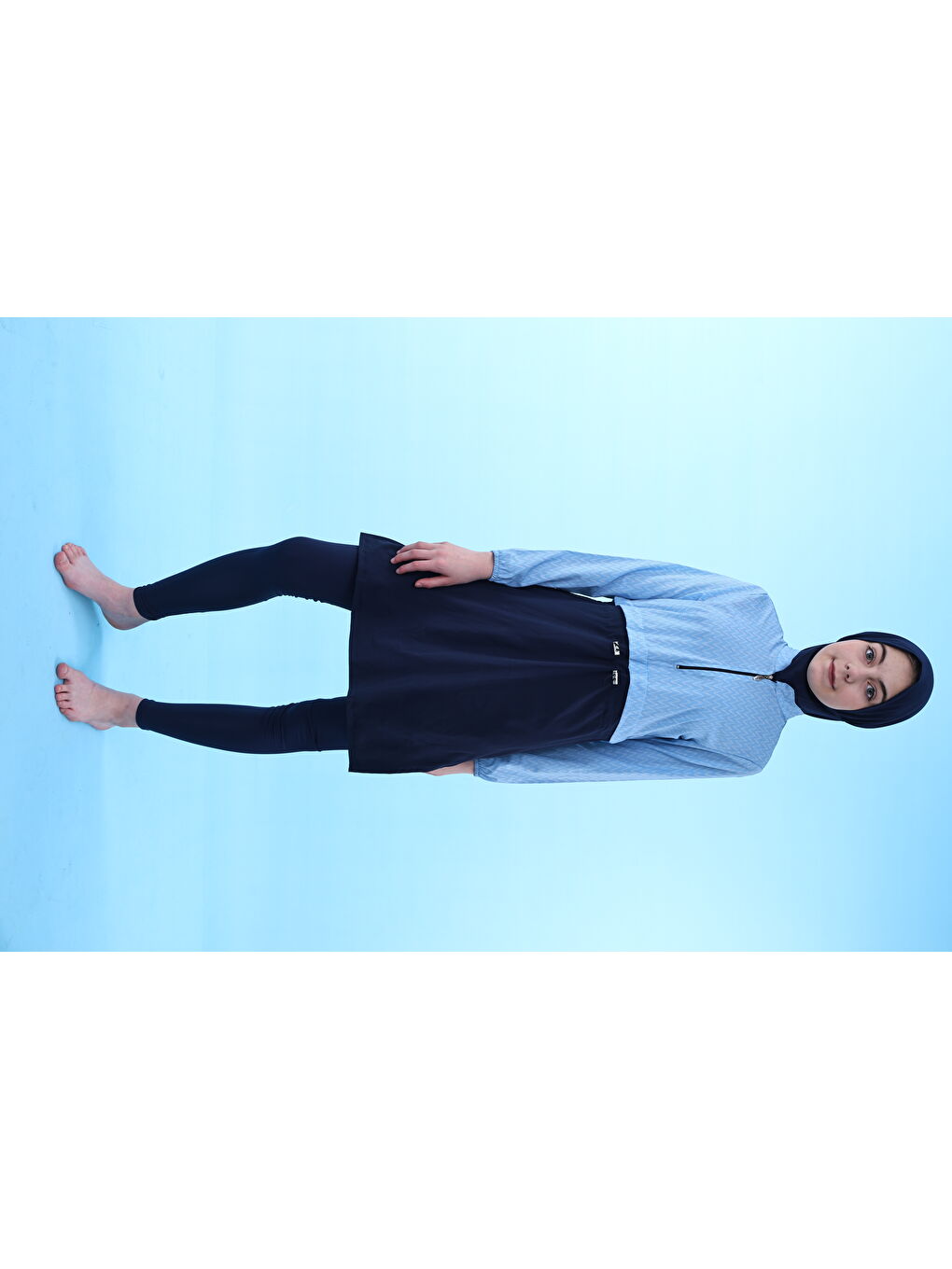 Mavi Çocuk Lastikli Kapalı Dik Yaka Fermuarlı Hızlı Kuruyan Genç Tesettür Mayo-5