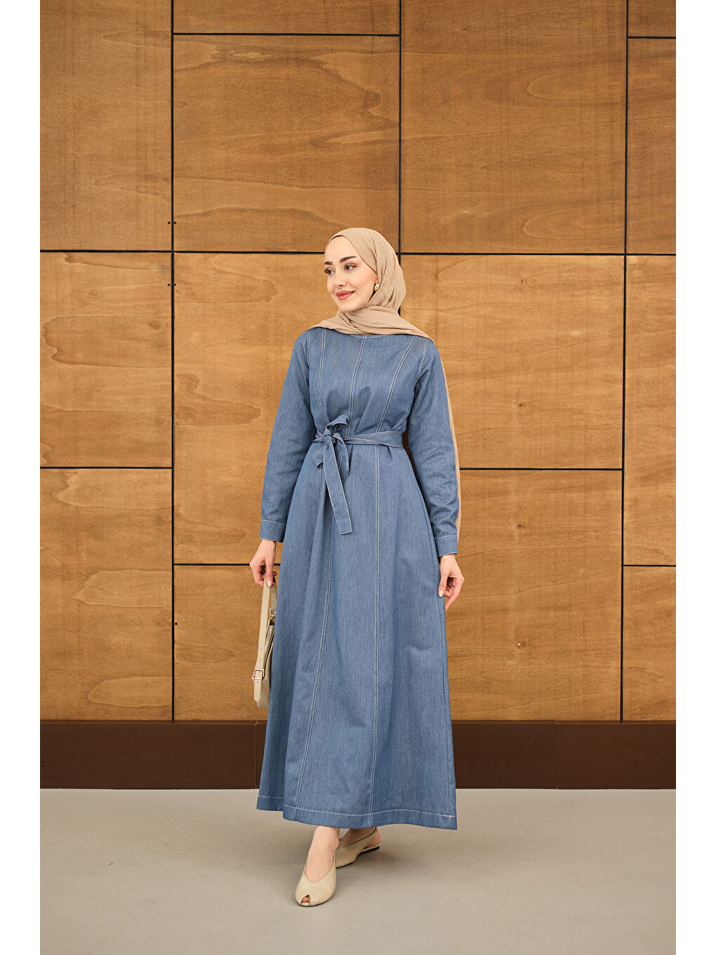 Kadın Dikiş Detay Bel Bağlamalı İnce Jean Elbise Buz Mavi-2