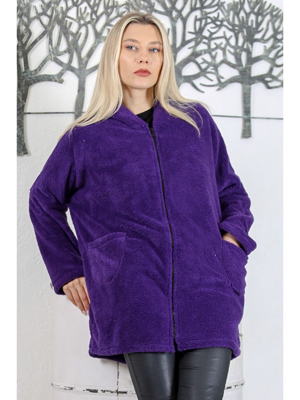 Mor Uzun Kol Fermuarlı Çift Cepli Kapüşonlu Teddy Dokuma Oversize Pelüş Ceket