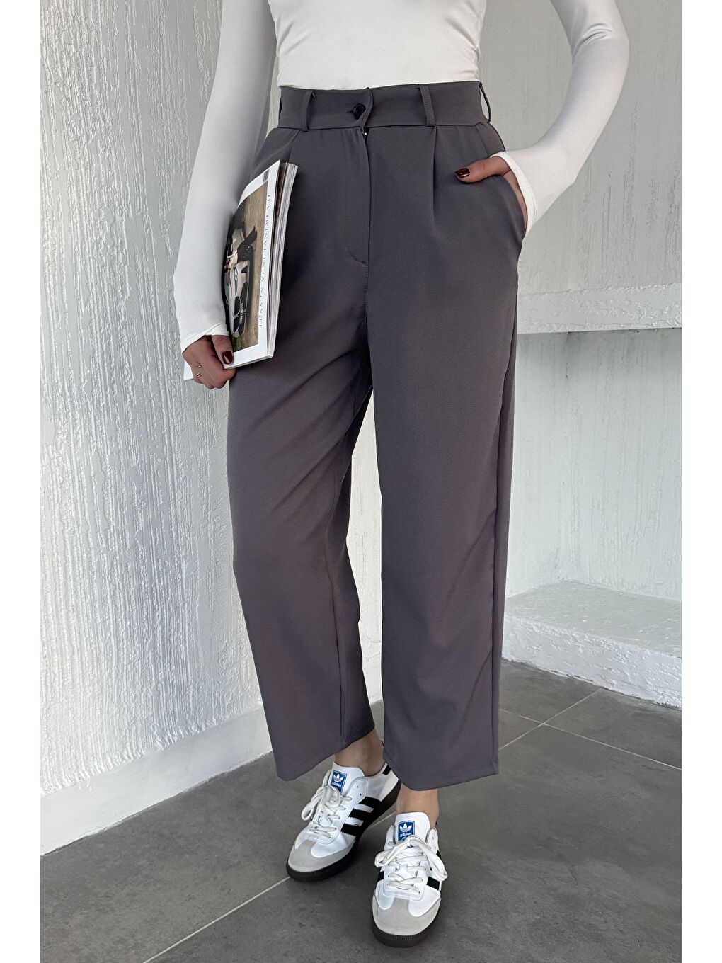 Gri Kadın Yüksek Bel Pileli Palazzo Pantolon-1