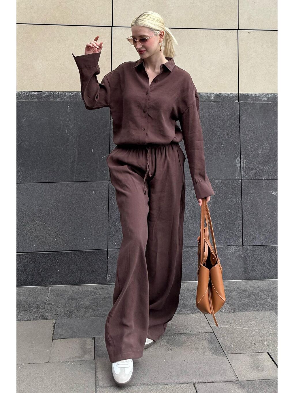 Acı Kahverengi Basic Kadın Gömlek Pantolon İkili Takım Mg2352-4