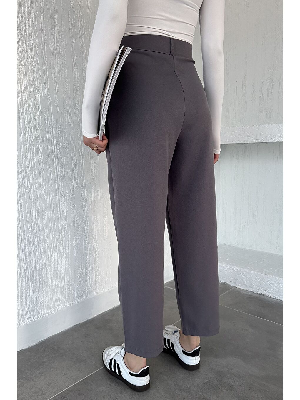 Gri Kadın Yüksek Bel Pileli Palazzo Pantolon-2