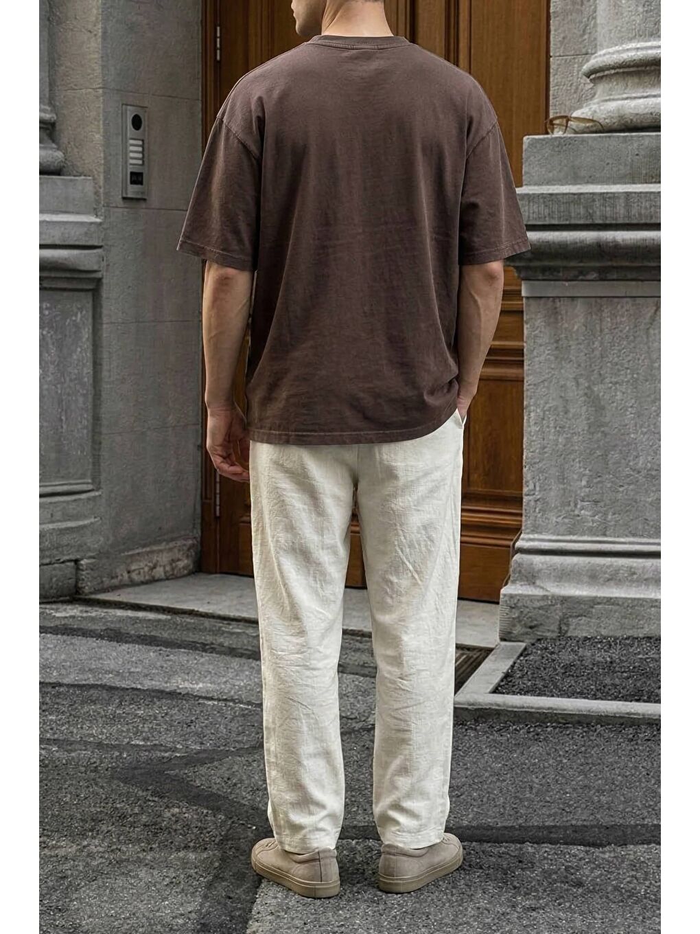 Erkek Oversize Patchwork Nakışlı T-Shirt Kahverengi-3