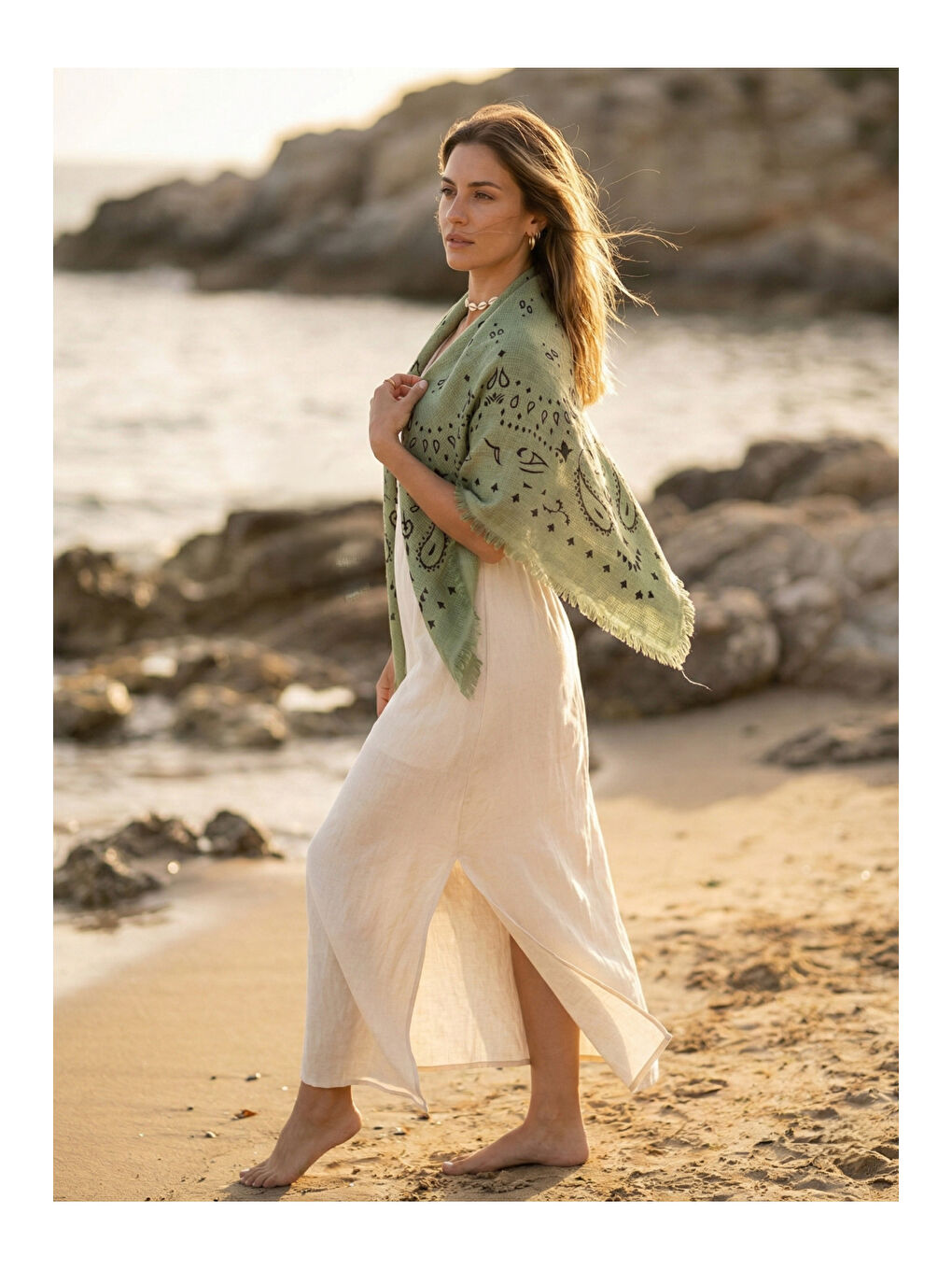 Yeşil Kujten Desenli Pamuklu Şal SAL1401 YESIL-1